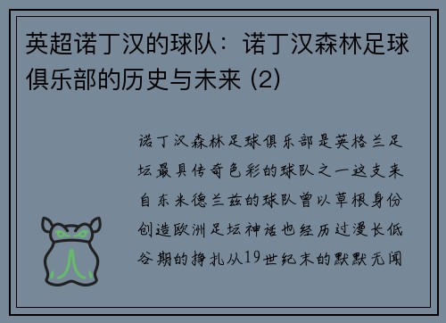 英超诺丁汉的球队：诺丁汉森林足球俱乐部的历史与未来 (2)